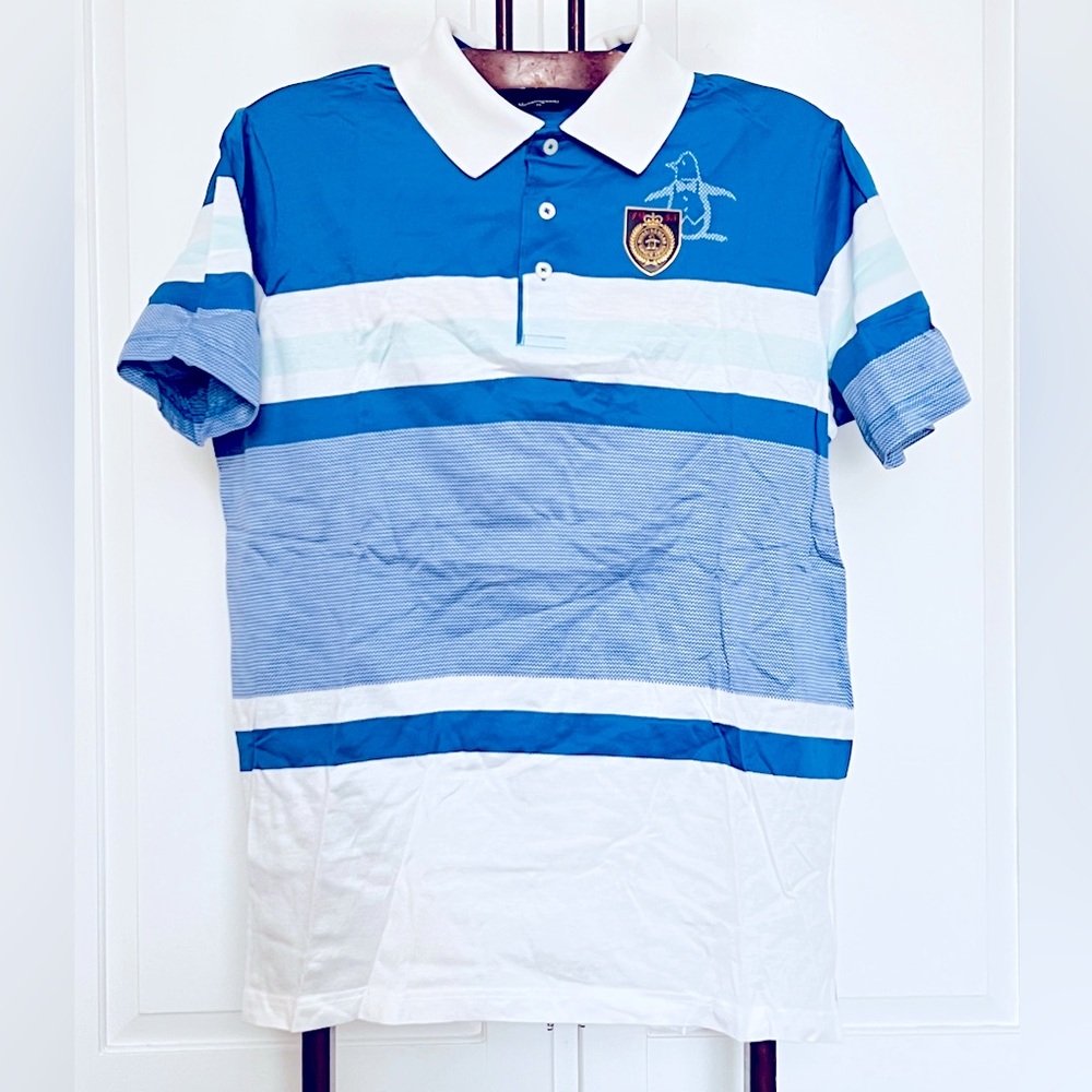Munsingwear Golf Polo Shirt blue white striped 100% cotton short sleeves Sz 3L